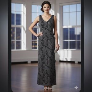 Vintage 90 Y2K Metallic Knit Sparkle Rhinestone Trim Maxi Dress Lurex Paisley 14